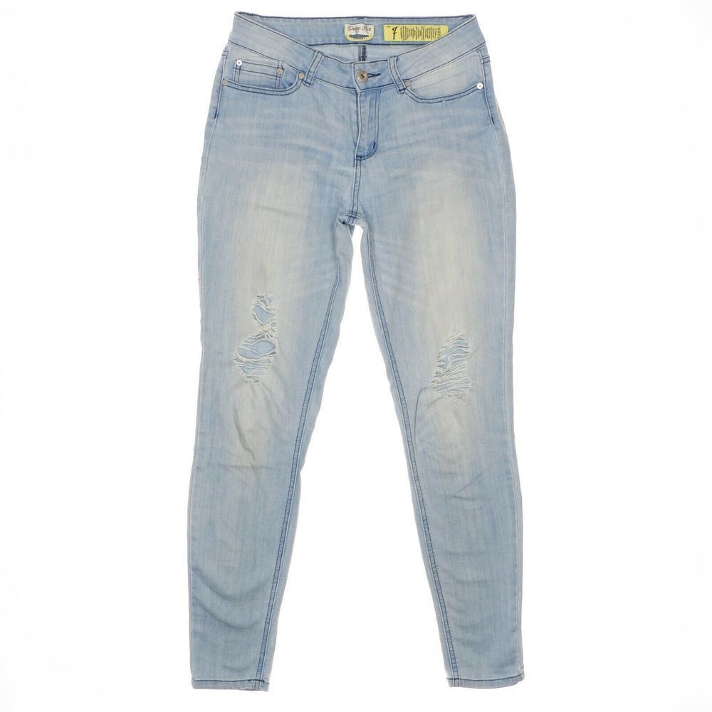 Indigo Rein Jeans Junior 7 Skinny Distressed Light Wash Blue Denim Stretch 30x30